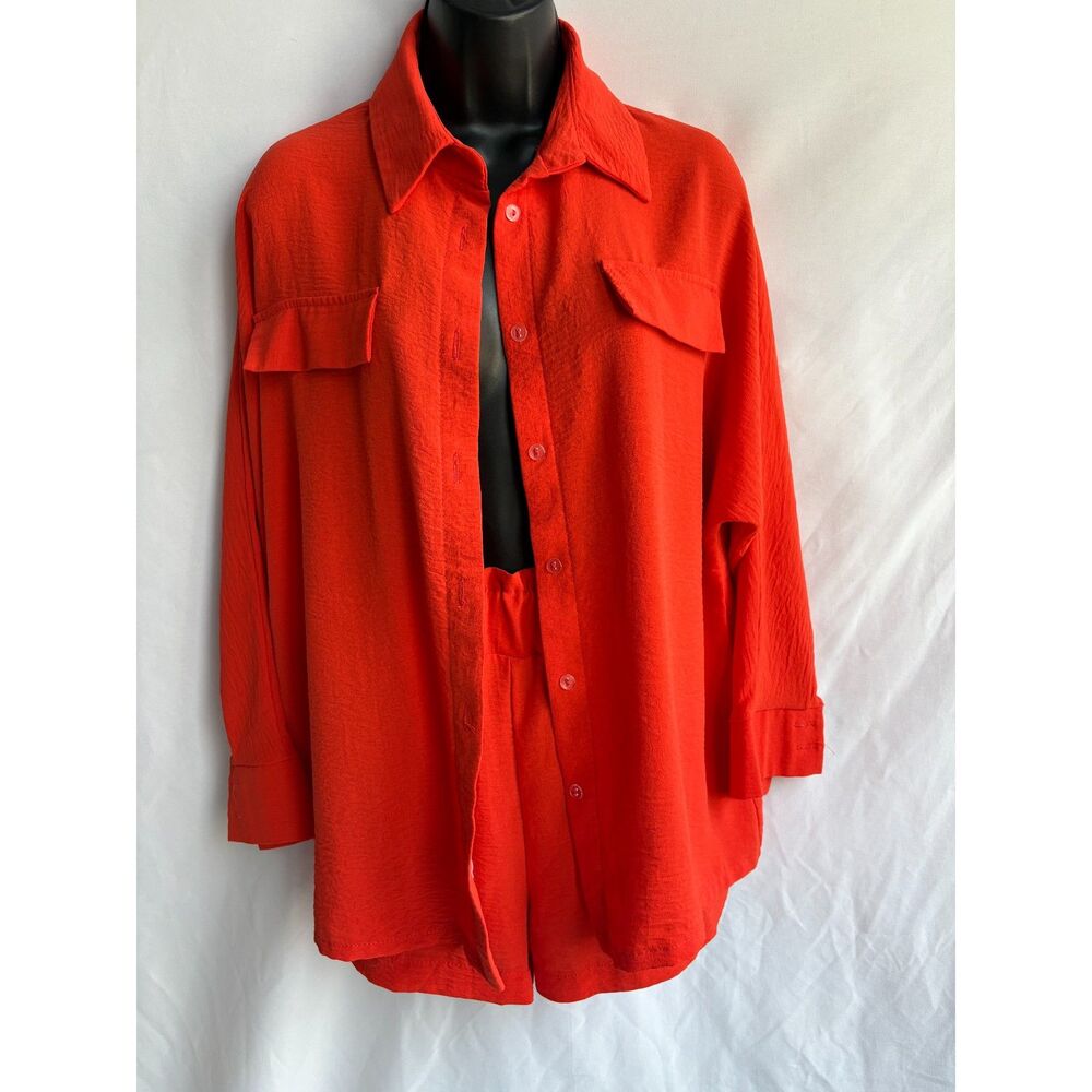European Summer Two Piece Outfit Set Shirt and Shorts Size M/L Orange Beachy
